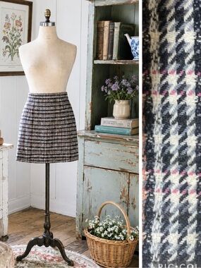 VTG 90s Simon Chang Designer 100% Wool Houndstooth Knee Length Skirt M/L